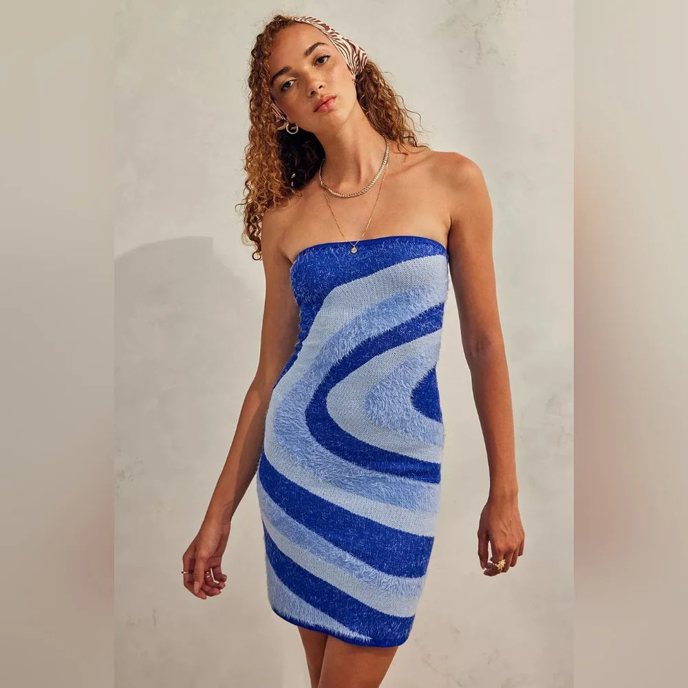 NWT HOUSE OF SUNNY Spice Hockney knit mini dress midi skirt strapless blue - Picture 1 of 5